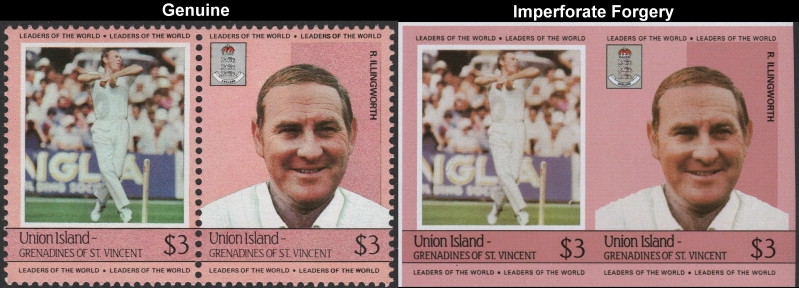 Saint Vincent Union Island 1984 Cricket Players $3 R. Illingworth Forgery with Genuine $3 Stamp Comparison