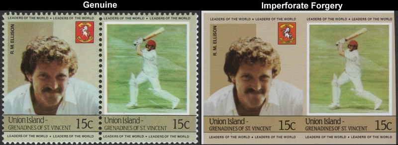 Saint Vincent Union Island 1984 Cricket Players 15c R.M. Ellison Forgery with Genuine 15c Stamp Comparison