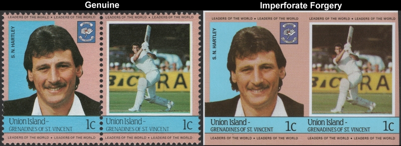 Saint Vincent Union Island 1984 Cricket Players 1c S.N. Hartley Forgery with Genuine 1c Stamp Comparison