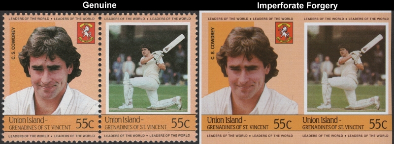 Saint Vincent Union Island 1984 Cricket Players 55c C.S. Cowdrey Forgery with Genuine 55c Stamp Comparison