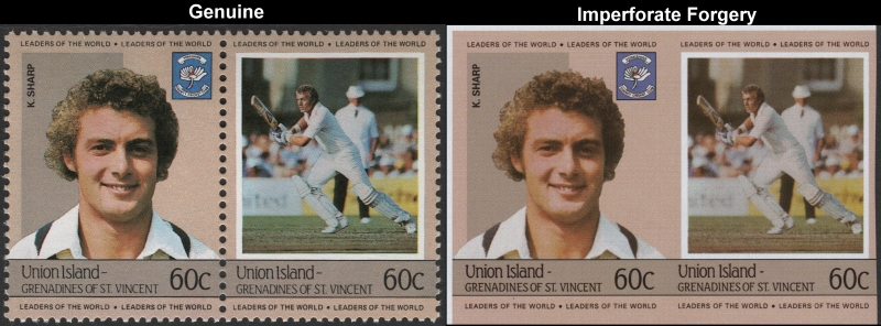 Saint Vincent Union Island 1984 Cricket Players 60c K. Sharp Forgery with Genuine 60c Stamp Comparison