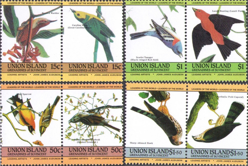 Saint Vincent Union Island 1985 Audubon Birds Inverted Frame Error Forgery Set