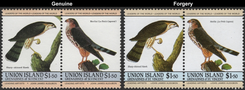 Saint Vincent Union Island 1985 Audubon Birds Forgeries with Genuine $1.50 Stamp Comparison