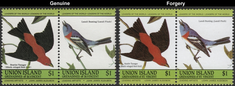 Saint Vincent Union Island 1985 Audubon Birds Forgeries with Genuine $1 Stamp Comparison