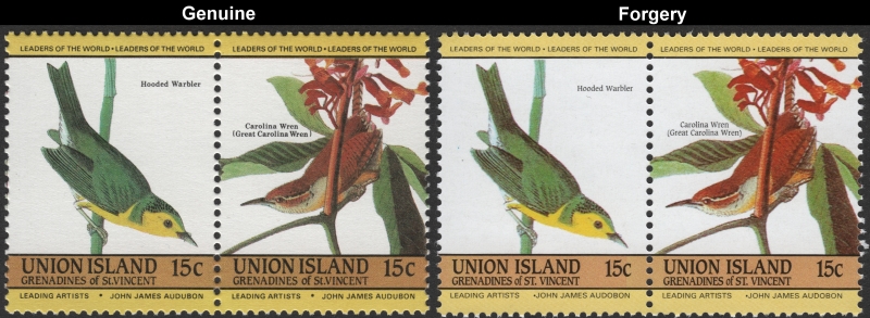 Saint Vincent Union Island 1985 Audubon Birds Forgeries with Genuine 15c Stamp Comparison