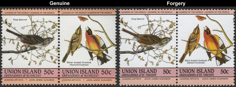 Saint Vincent Union Island 1985 Audubon Birds Forgeries with Genuine 50c Stamp Comparison