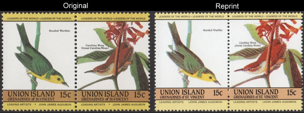The Unauthorized Reprint Union Island 1985 Audubon Birds Scott 186 Pair with Original Pair for Comparison