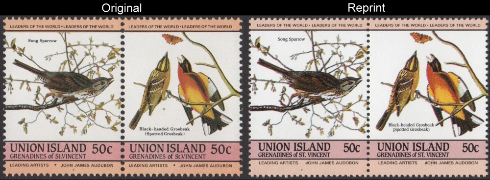 The Unauthorized Reprint Union Island 1985 Audubon Birds Scott 187 Pair with Original Pair for Comparison
