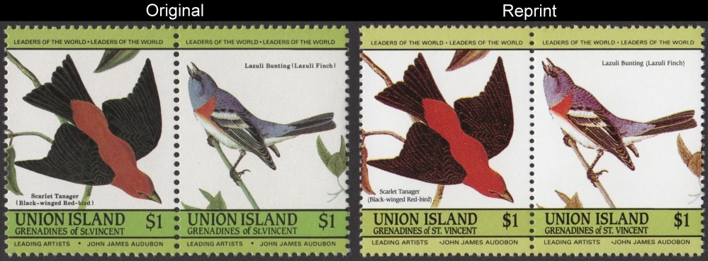 The Unauthorized Reprint Union Island 1985 Audubon Birds Scott 188 Pair with Original Pair for Comparison