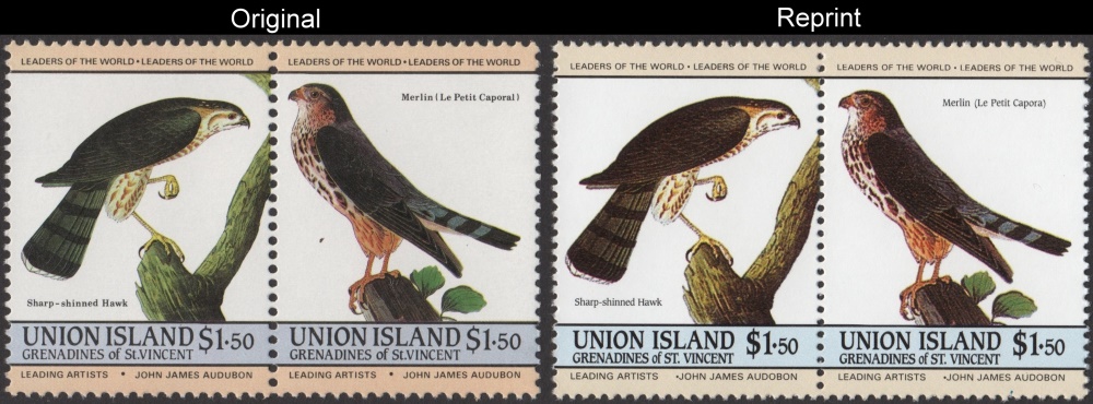 The Unauthorized Reprint Union Island 1985 Audubon Birds Scott 189 Pair with Original Pair for Comparison