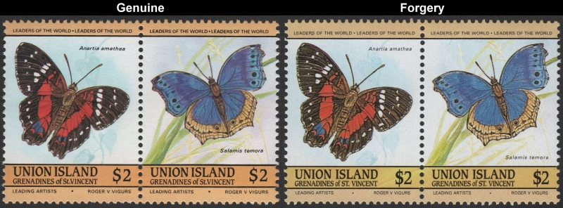 Saint Vincent Union Island 1985 Butterflies Forgeries with Genuine $2 Stamp Comparison
