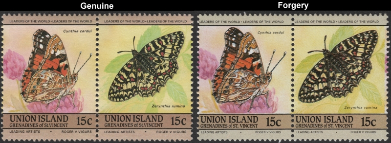 Saint Vincent Union Island 1985 Butterflies Forgeries with Genuine 15c Stamp Comparison