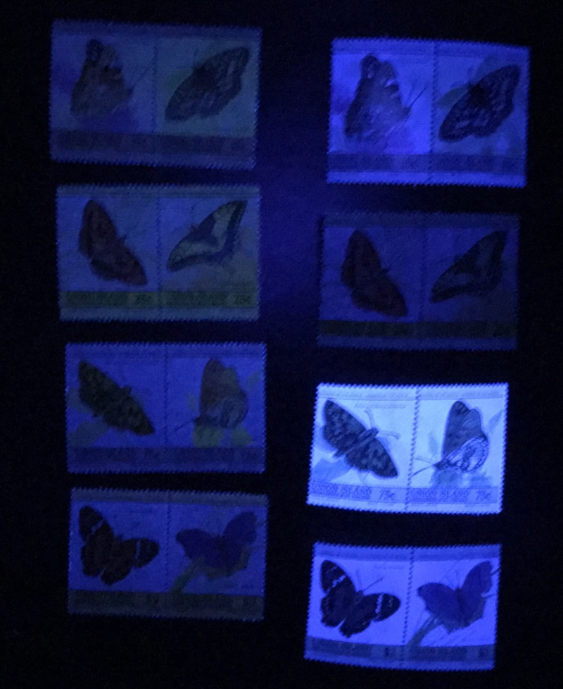 Saint Vincent Union Island 1985 Leaders of the World Butterflies Comparison of Forgeries with Genuine Stamps Under Ultra-violet Light