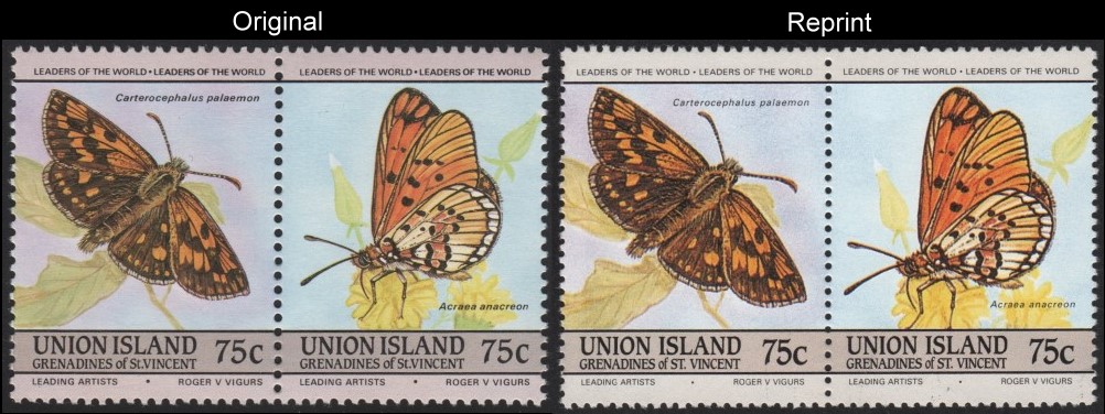 The Unauthorized Reprint Union Island 1985 Butterflies Scott 196 Pair with Original Pair for Comparison