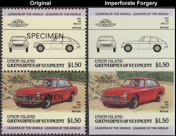 Saint Vincent Union Island 1985 Automobiles MG Fake with Original $1.50 Stamp Comparison