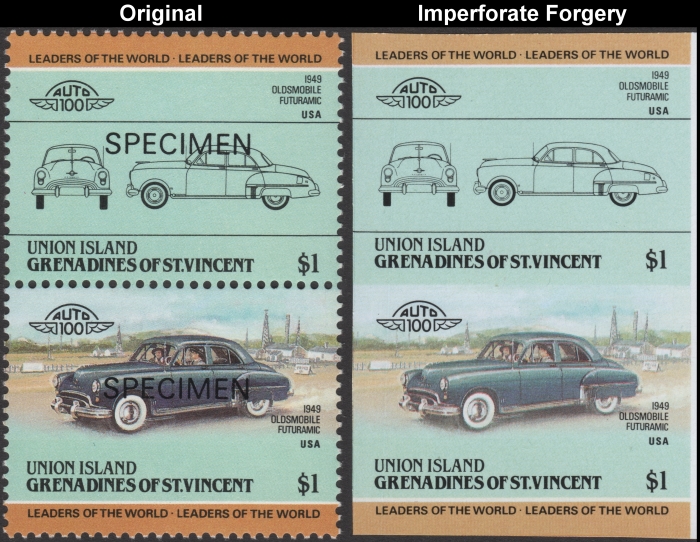 Saint Vincent Union Island 1985 Automobiles Oldsmobile Fake with Original $1 Stamp Comparison