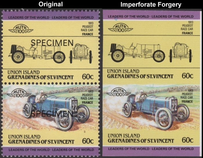 Saint Vincent Union Island 1985 Automobiles Peugeot Fake with Original 60c Stamp Comparison