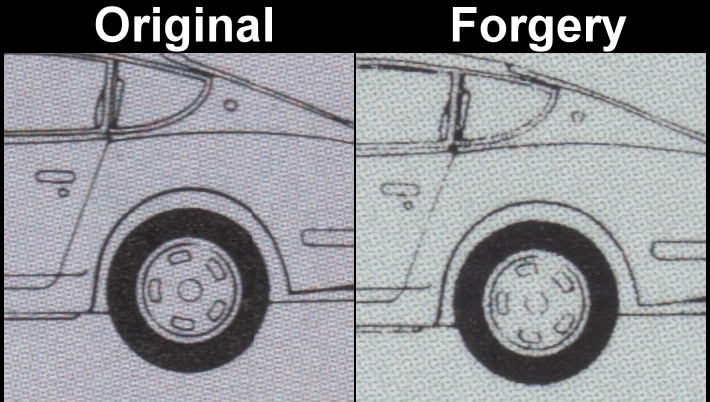 Saint Vincent Union Island 1985 Automobiles 10c Fake with Original Comparison of the Wheel Section on the Detail Drawing