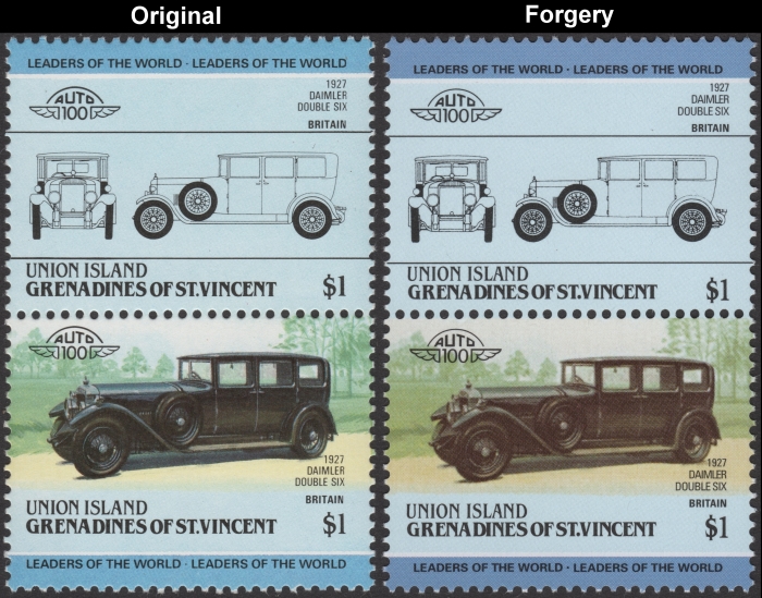 Saint Vincent Union Island 1985 Automobiles Daimler Fake with Original $1 Stamp Comparison