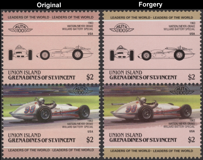 Saint Vincent Union Island 1985 Automobiles Watson/Meyer-Drake Fake with Original $2 Stamp Comparison