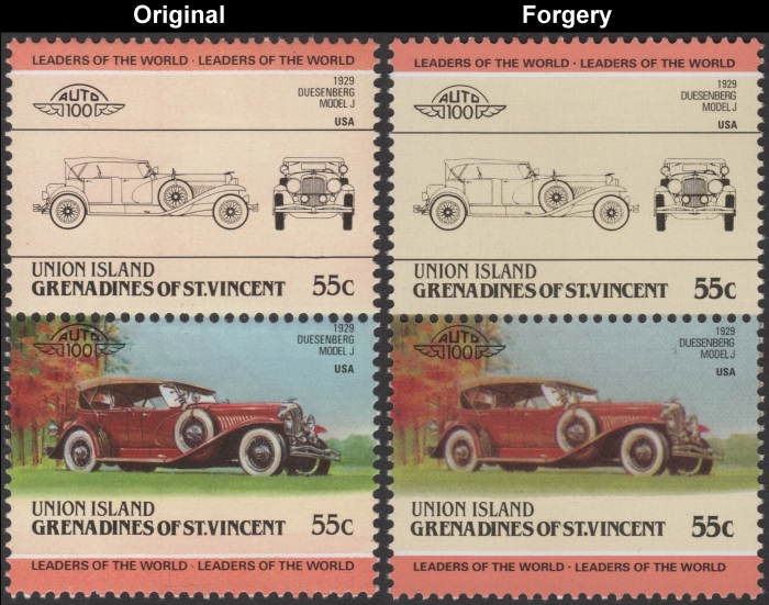 Saint Vincent Union Island 1985 Automobiles Duesenberg Fake with Original 55c Stamp Comparison
