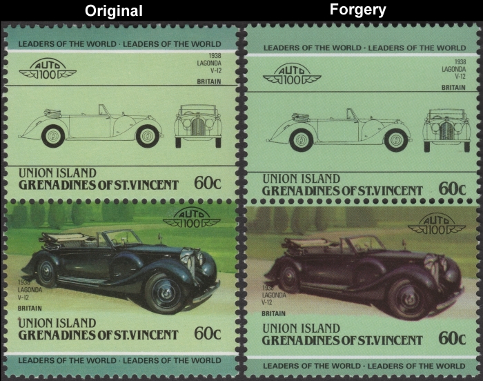 Saint Vincent Union Island 1985 Automobiles Lagonda Fake with Original 60c Stamp Comparison