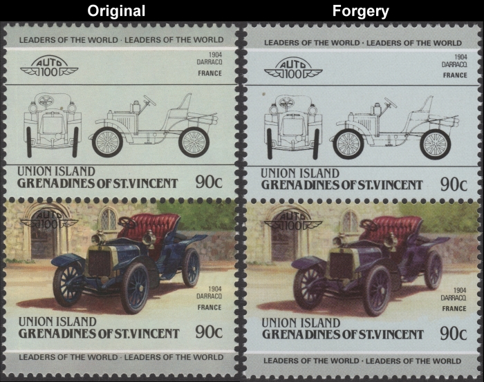 Saint Vincent Union Island 1985 Automobiles Darracq Fake with Original 90c Stamp Comparison