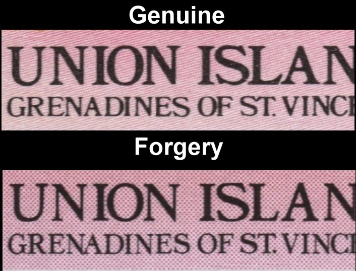 Saint Vincent Grenadines Union Island 1985 Leaders of the World Queen Elizabeth 85th Birthday 55c Fake with Original Comparison of the Fonts
