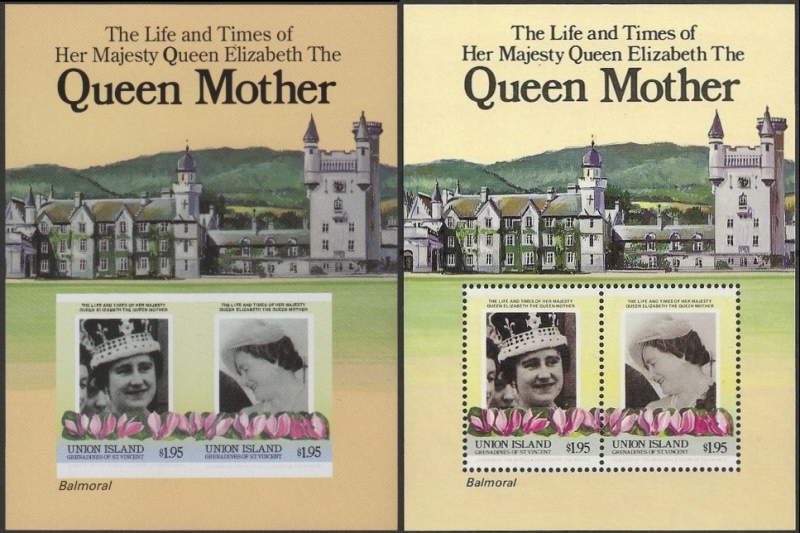 Saint Vincent Grenadines Union Island 1985 85th Birthday Fake with Original Souvenir Sheet Comparison
