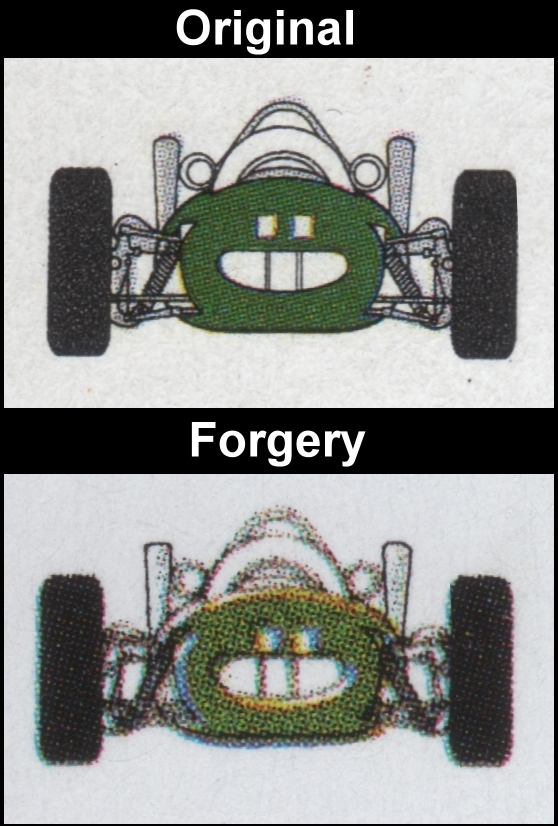 Saint Vincent Union Island 1986 Automobiles 10c Fake with Original Comparison of the Front View on the Detail Drawing
