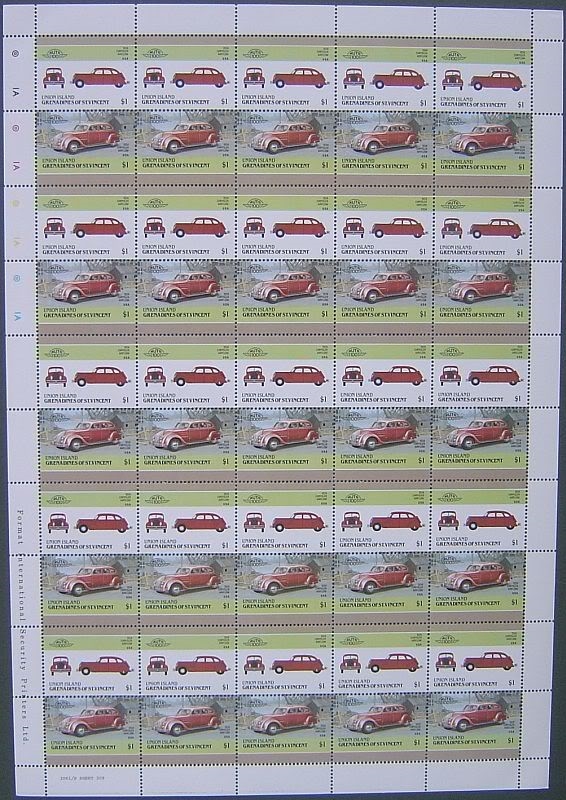 Saint Vincent Union Island 1986 Automobiles Original print Stamp Pane