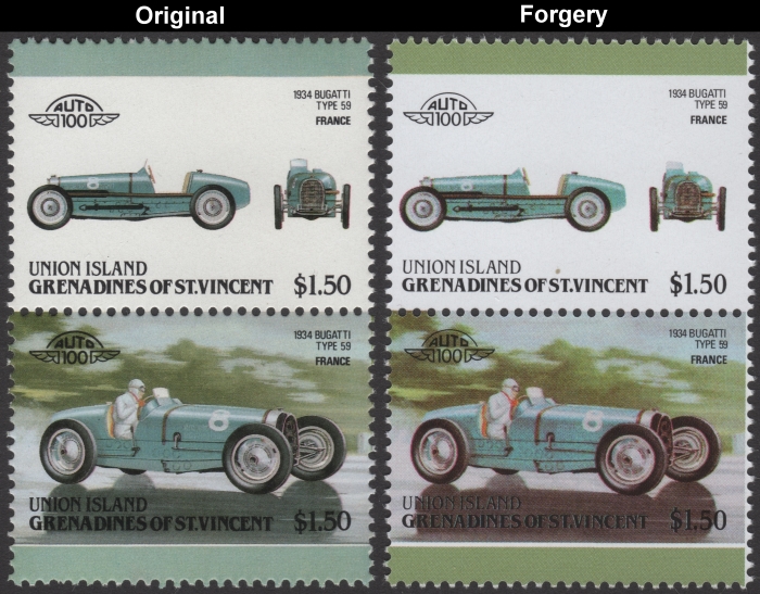 Saint Vincent Union Island 1986 Automobiles Bugatti Fake with Original $1.50 Stamp Comparison