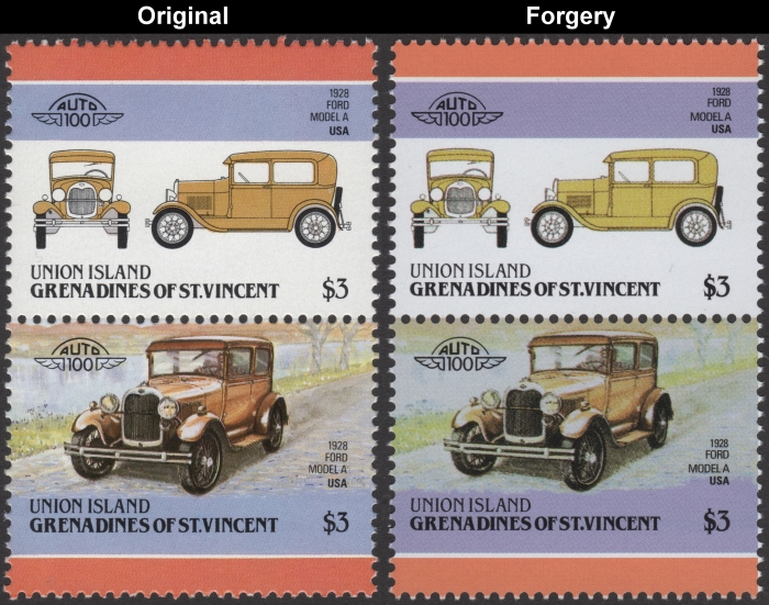 Saint Vincent Union Island 1986 Automobiles Ford Fake with Original $3 Stamp Comparison