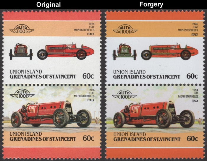Saint Vincent Union Island 1986 Automobiles Fiat Fake with Original 60c Stamp Comparison