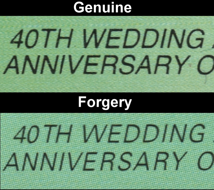 Union Island 1987 40th Wedding Anniversary of Queen Elizabeth Forgery with Genuine Souvenir Sheet Font, Screen and Color Comparison