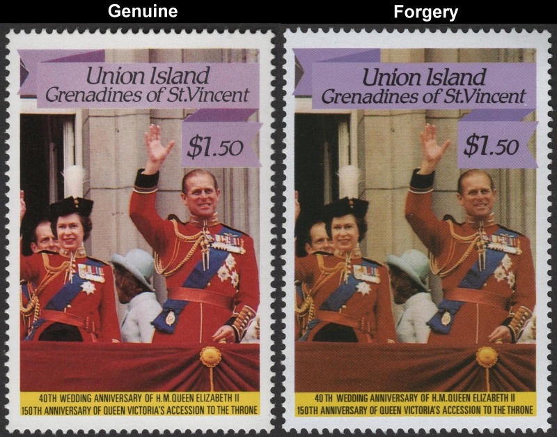 Saint Vincent Union Island 1987 Queen Elizabeth 40th Wedding Anniversary $1.50 Forgery Stamp with Genuine Stamp Comparison