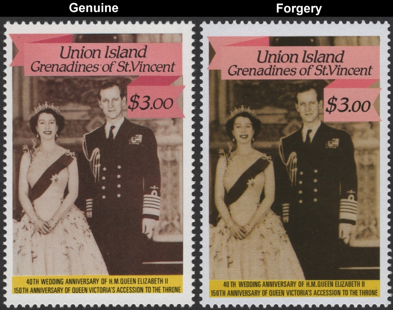 Saint Vincent Union Island 1987 Queen Elizabeth 40th Wedding Anniversary $3.00 Forgery Stamp with Genuine Stamp Comparison