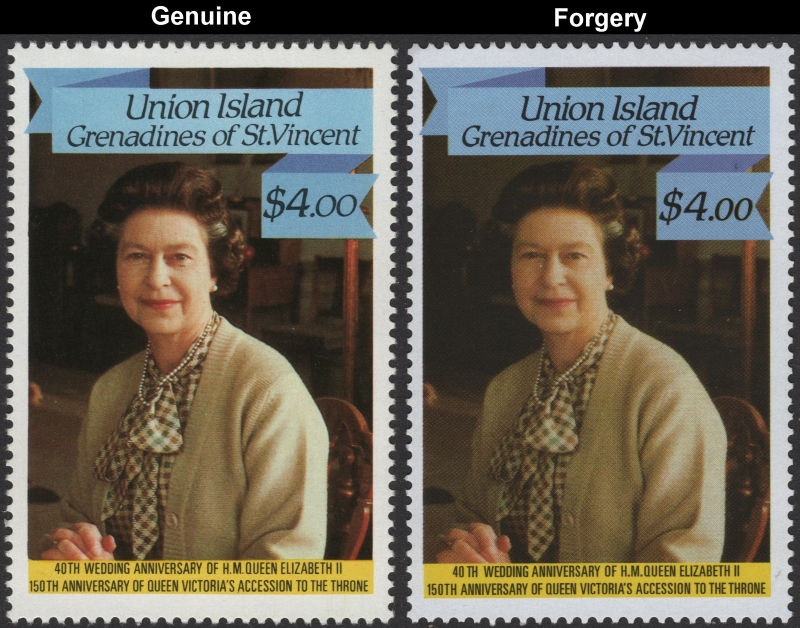 Saint Vincent Union Island 1987 Queen Elizabeth 40th Wedding Anniversary $4.00 Forgery Stamp with Genuine Stamp Comparison
