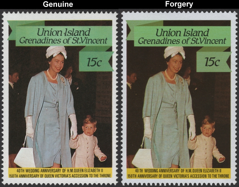 Saint Vincent Union Island 1987 Queen Elizabeth 40th Wedding Anniversary 15c Forgery Stamp with Genuine Stamp Comparison