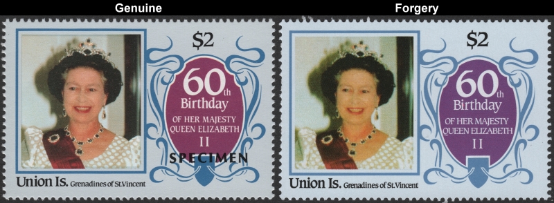 1986 60th Birthday of Queen Elizabeth Fake invert with Original $1 Stamp Comparison