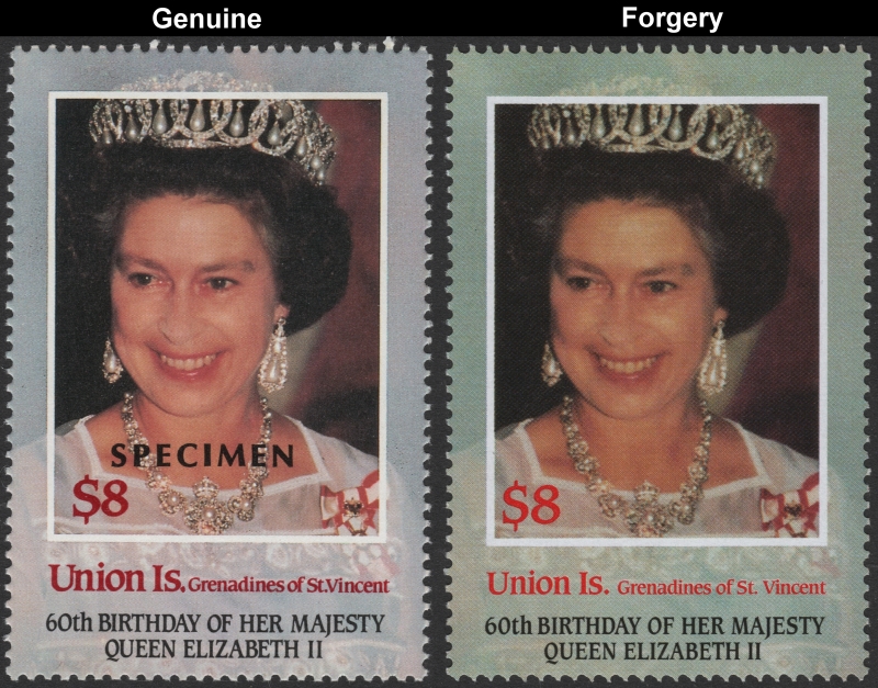 1986 60th Birthday of Queen Elizabeth Fake invert with Original $1 Stamp Comparison