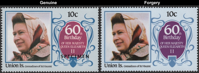 Union Island 1986 60th Birthday of Queen Elizabeth Fake with Original 10c Stamp Comparison
