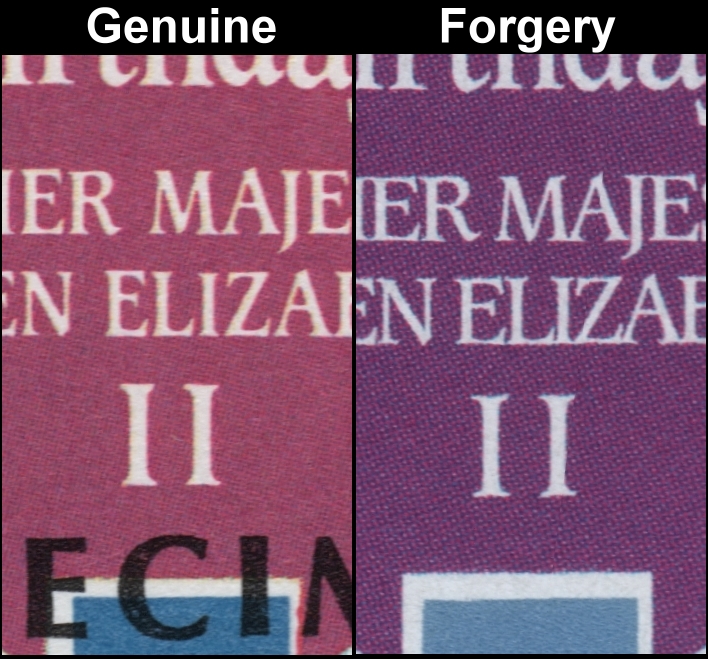 Union Island 1986 60th Birthday of Queen Elizabeth 10c Fake with Original Screen and Color Comparison of the Plaque
