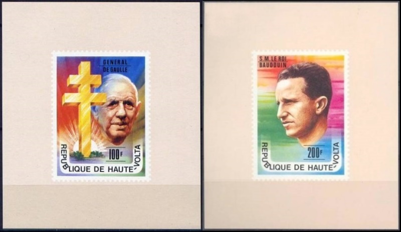 Upper Volta 1977 General De Gaulle and King Baudouin Deluxe Sheetlet Set with Tan Background
