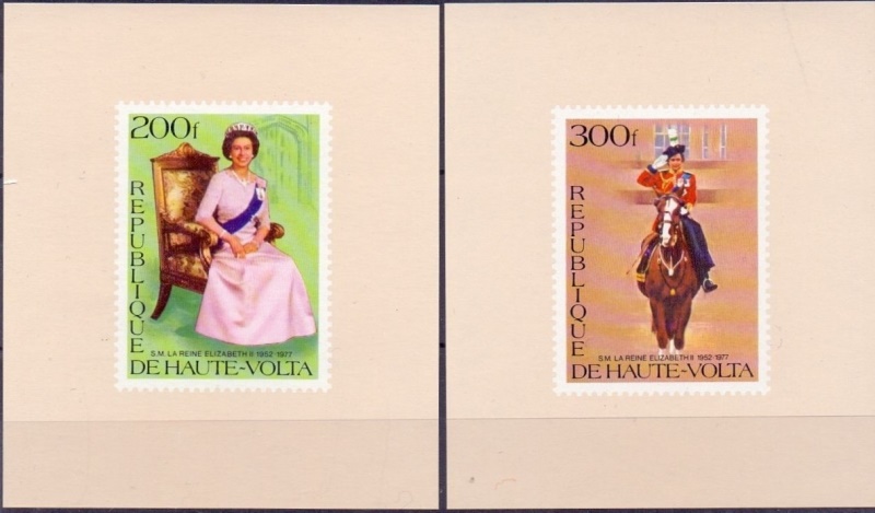 Upper Volta 1977 25th Anniversary of the Reign of Queen Elizabeth II Deluxe Sheetlet Set with Tan Background