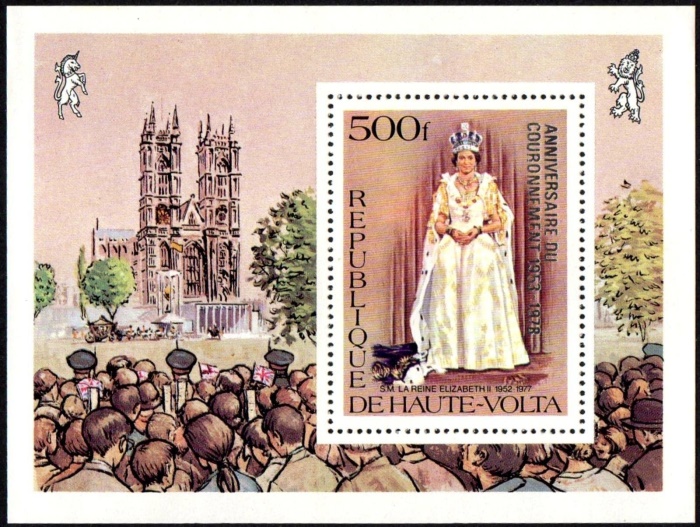 Upper Volta 1978 25th Anniversary of the Coronation of Queen Elizabeth II Silver Overprinted Souvenir Sheet