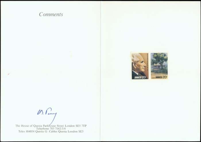 1984 Example of Proof Presentation Folder Showing Address of The House of Questa Stamp Printers