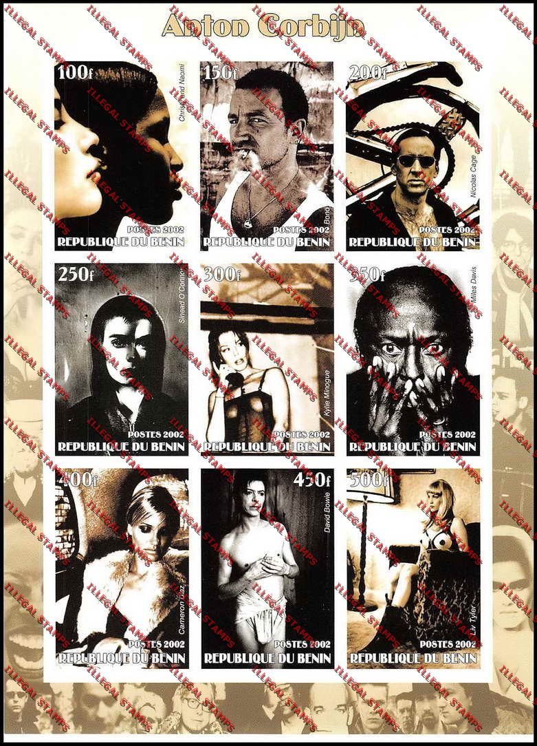 Benin 2002 Actors and Actresses Illegal Stamp Sheetlet of Nine