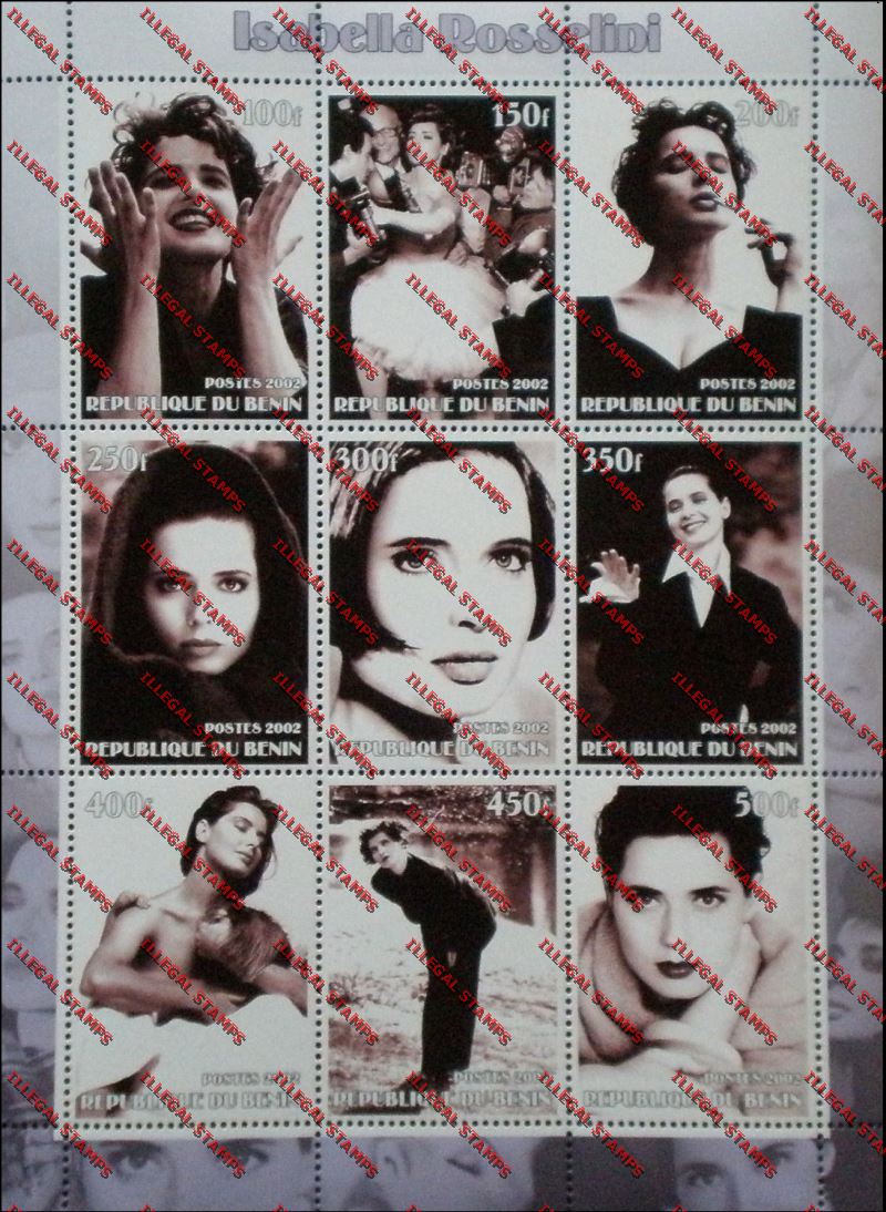 Benin 2002 Isabella Rosselini Illegal Stamp Sheetlet of Nine