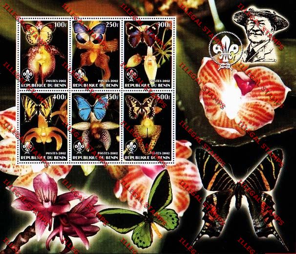 Benin 2002 Orchids and Butterflies with Scouting Emblem Illegal Stamp Souvenir Sheetlet of Six